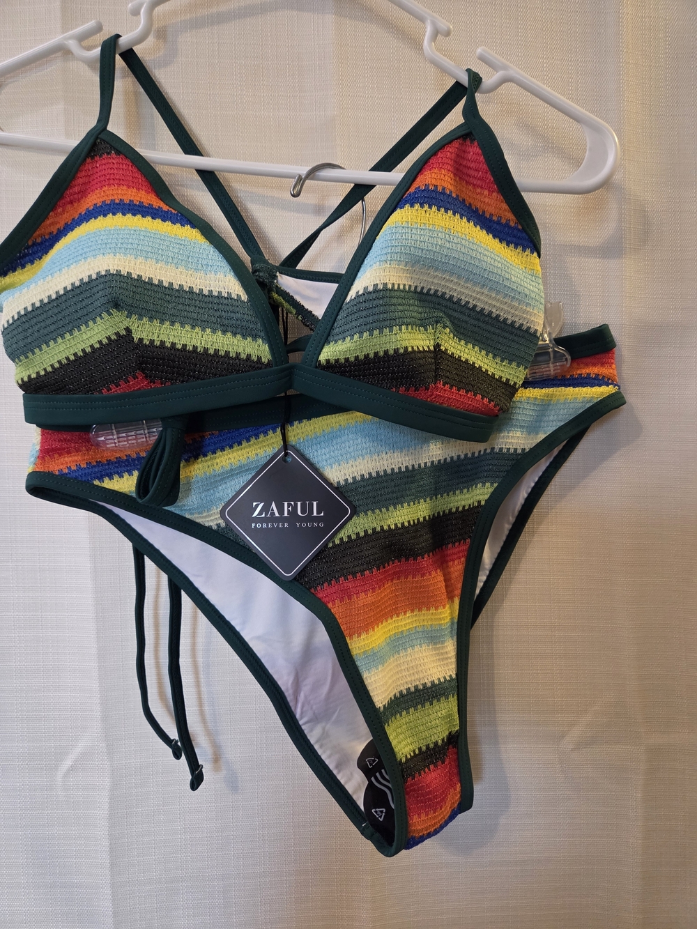 Zaful Women’s Multicolor Stripe Crochet Bikini - Green Trim